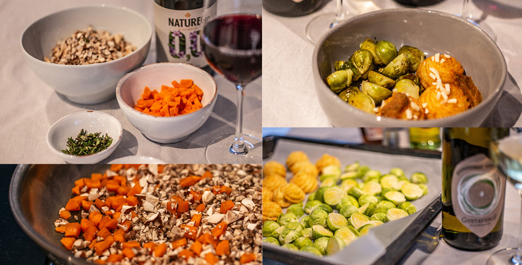 Karamellisierter Rosenkohl mit Herzoginkartoffeln, Mandelsplittern & würziger Gemüsesauce